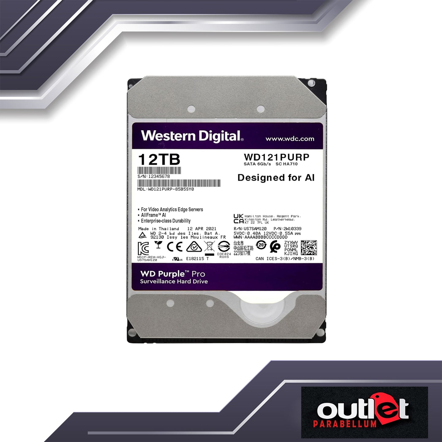 Western Digital 12TB WD Purple Surveillance Internal Hard Drive HDD - 7200 RPM, SATA 6 Gb/s, 256 MB Cache, 3.5" - WD121PURP
