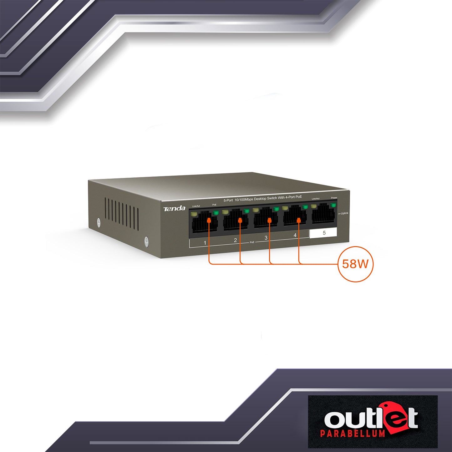 Brand NEW!!! Tenda TEF1105P-4-63W, Switch, 5-Port 10/100Mbps Desktop Switch with 4-Port PoE