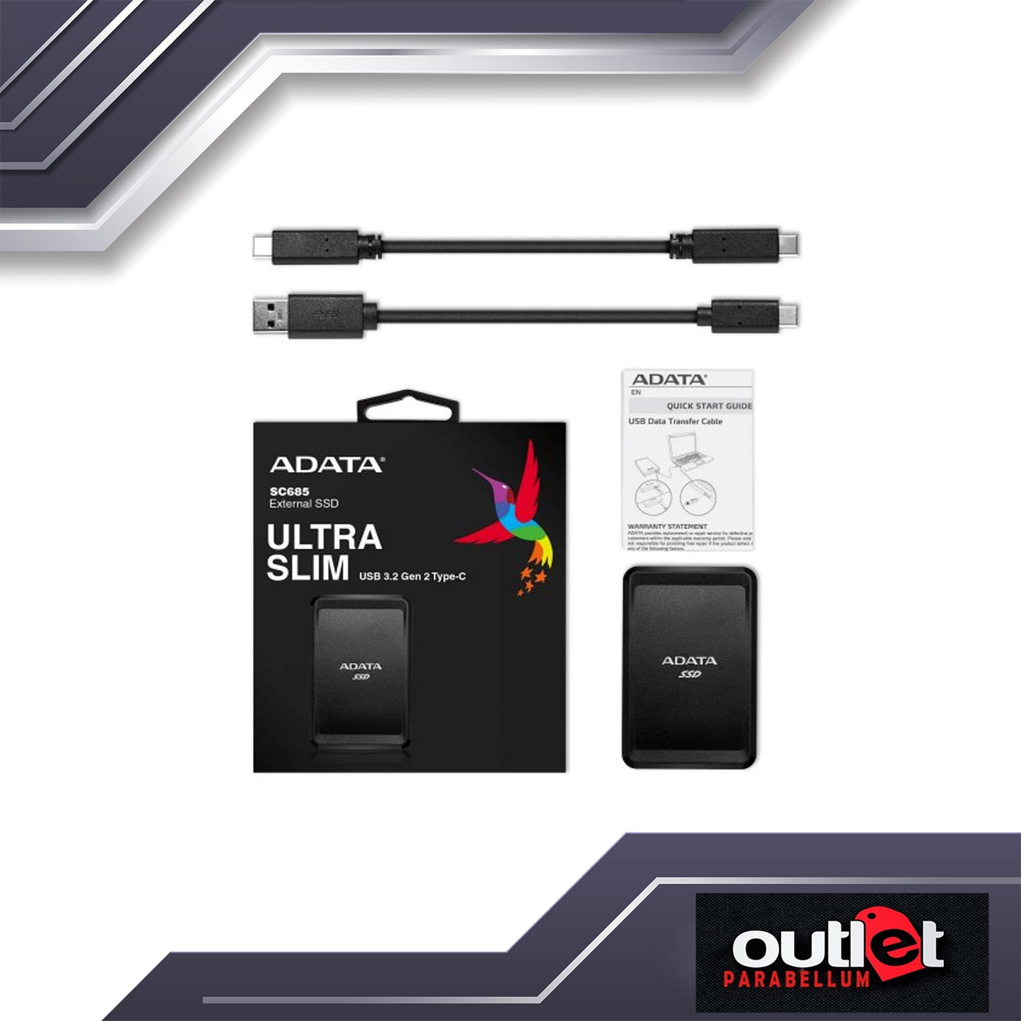 Adata External SSD SC685 External SSD Ultra Slim USB 3.2 Gen 2 Type-C ASC685-500GU32G2-CBK
