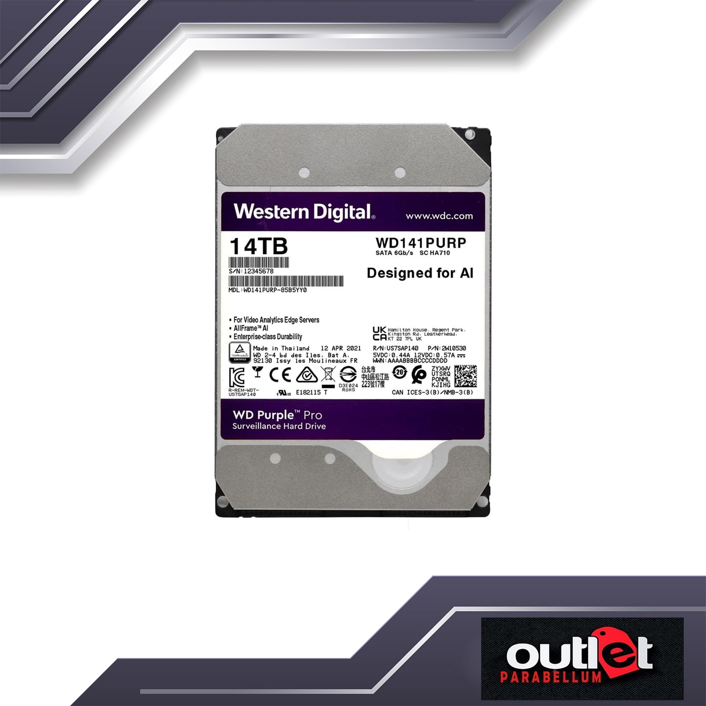 Western Digital 14TB WD Purple Pro Surveillance Internal Hard Drive HDD - 7200 RPM, SATA 6 Gb/s, 512 MB Cache, 3.5" - WD141PURP